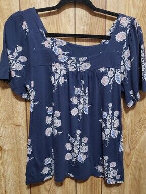 Square Neck Floral Knit Top Navy Blue Floral Small Fluttery Fairy Cowgirl Summer